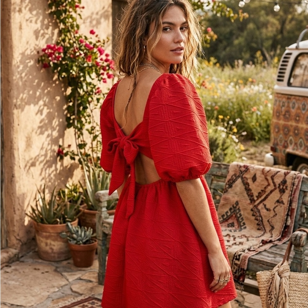 🌹 Free People Violet Mini Dress Red Textured Puff Sleeve Open Back Boho 🌹